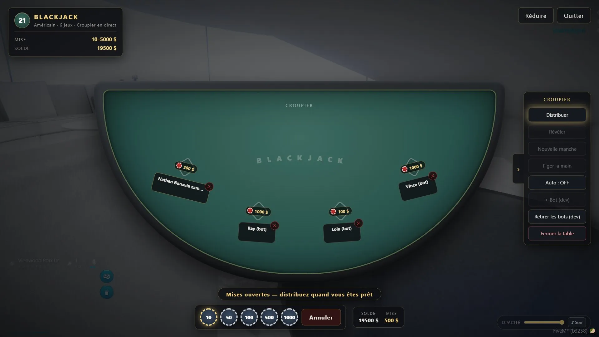 The croupier panel with open bets, deal, reveal, the auto toggle and dev bots