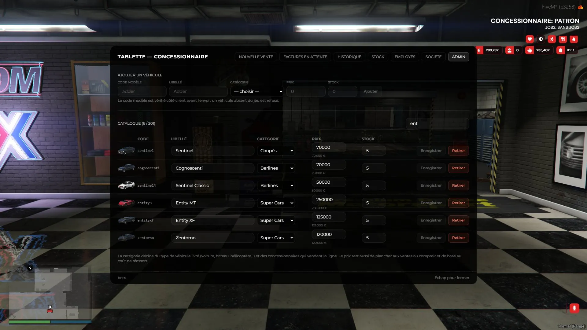 The tablet's Admin tab with the catalogue editable in game and a form to add a vehicle