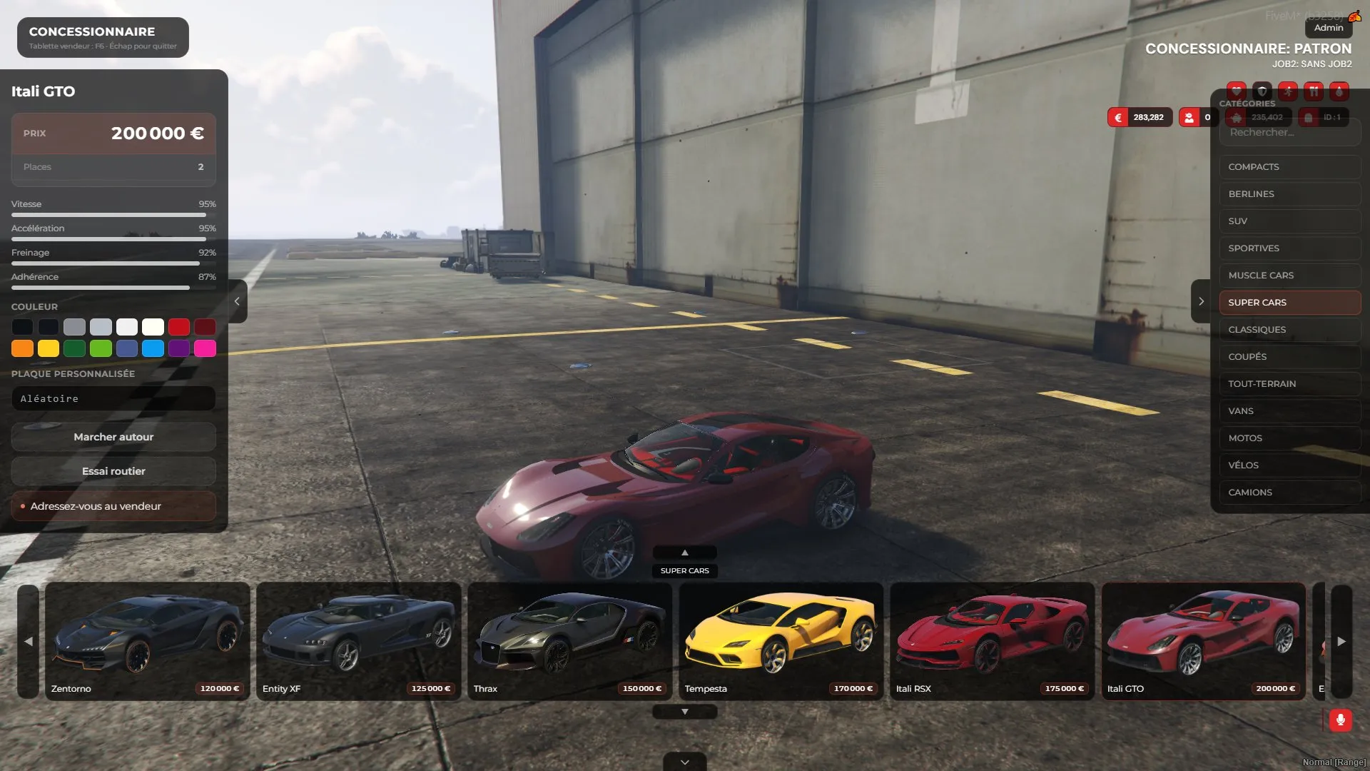 A red Itali GTO on the tarmac by a hangar, with its price, performance bars and paint swatches on the left, car categories on the right and a row of supercars below