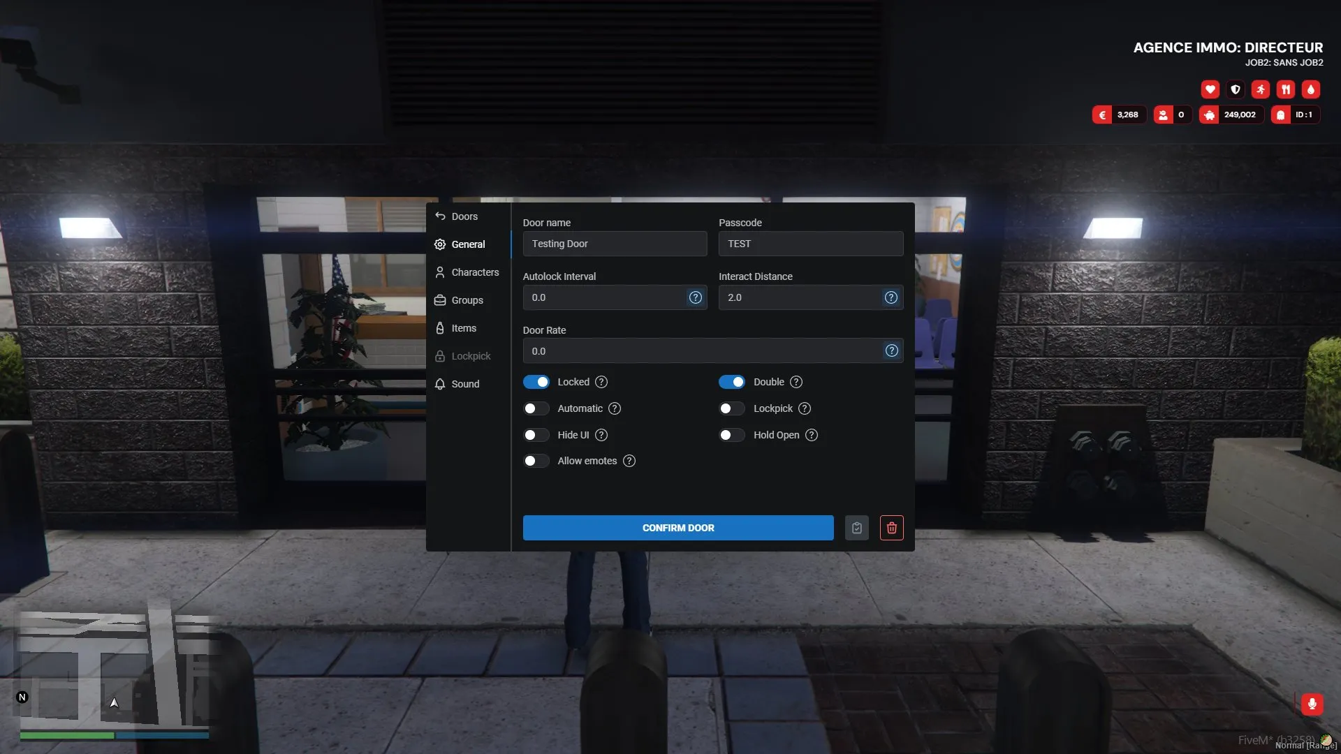 The door editor open over the same glass doors, with name and passcode fields, Locked and Double switched on, and Allow emotes switched off