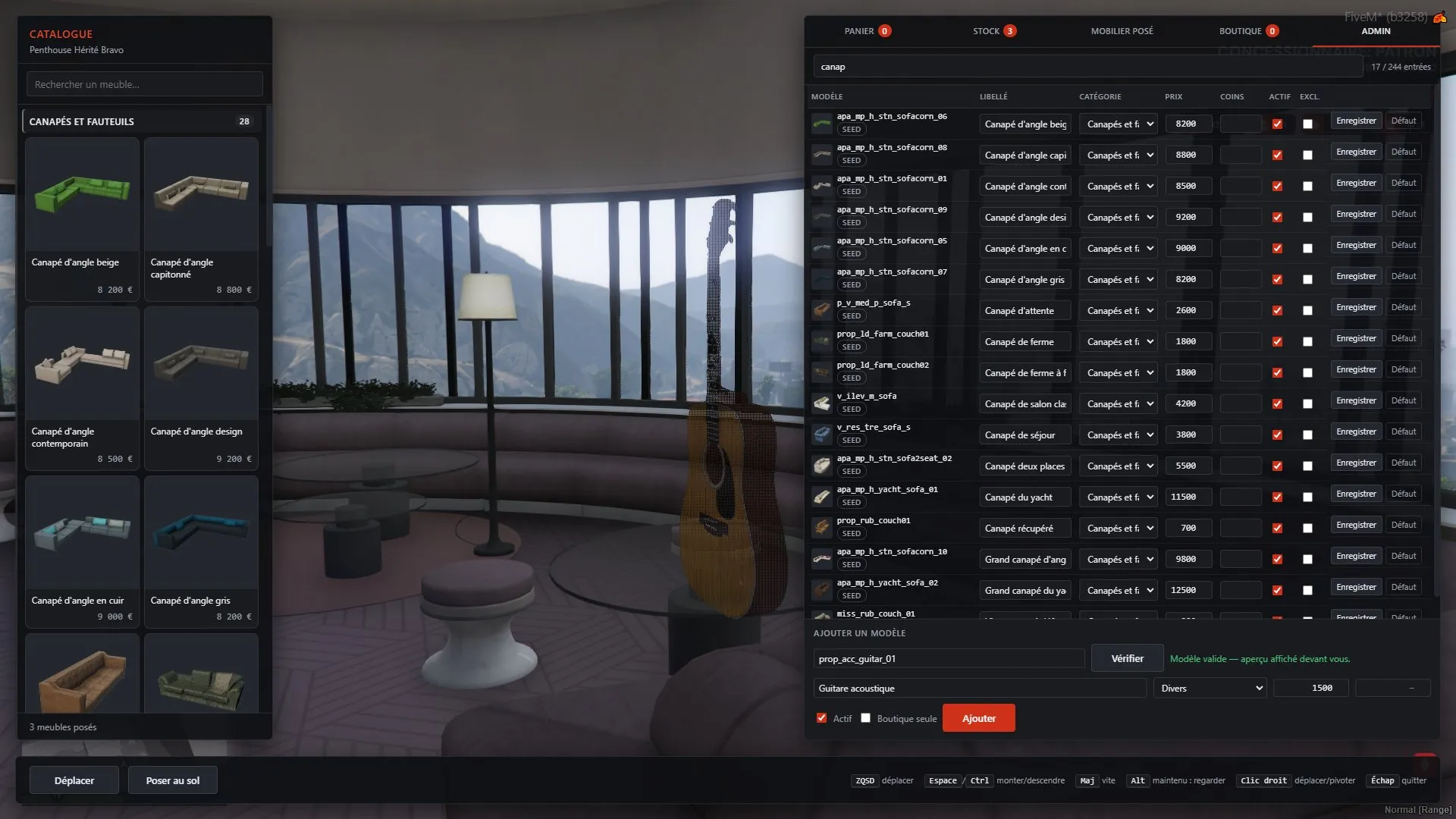 The admin tab with every catalogue entry editable and a new model previewed in 3D