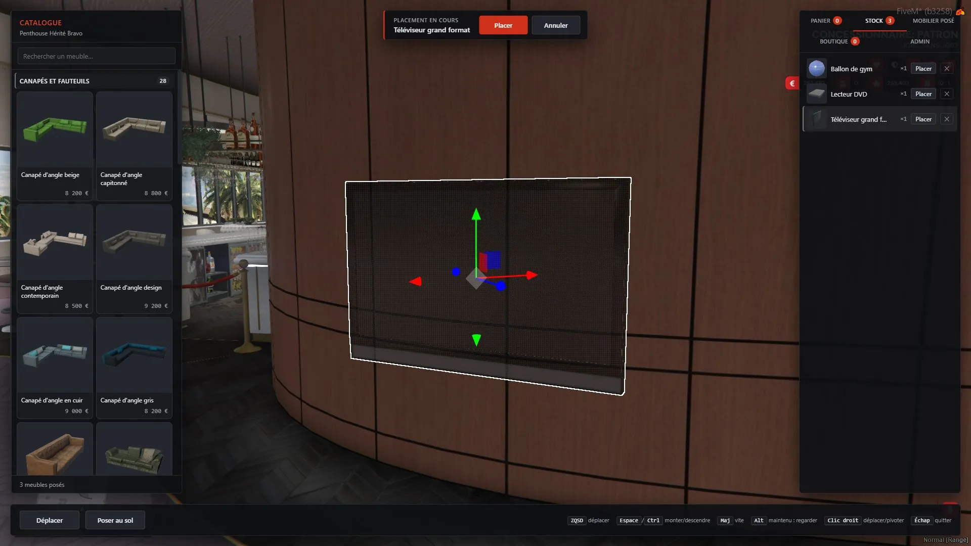 Placing a piece from stock: a ghost follows the gizmo until Place is pressed