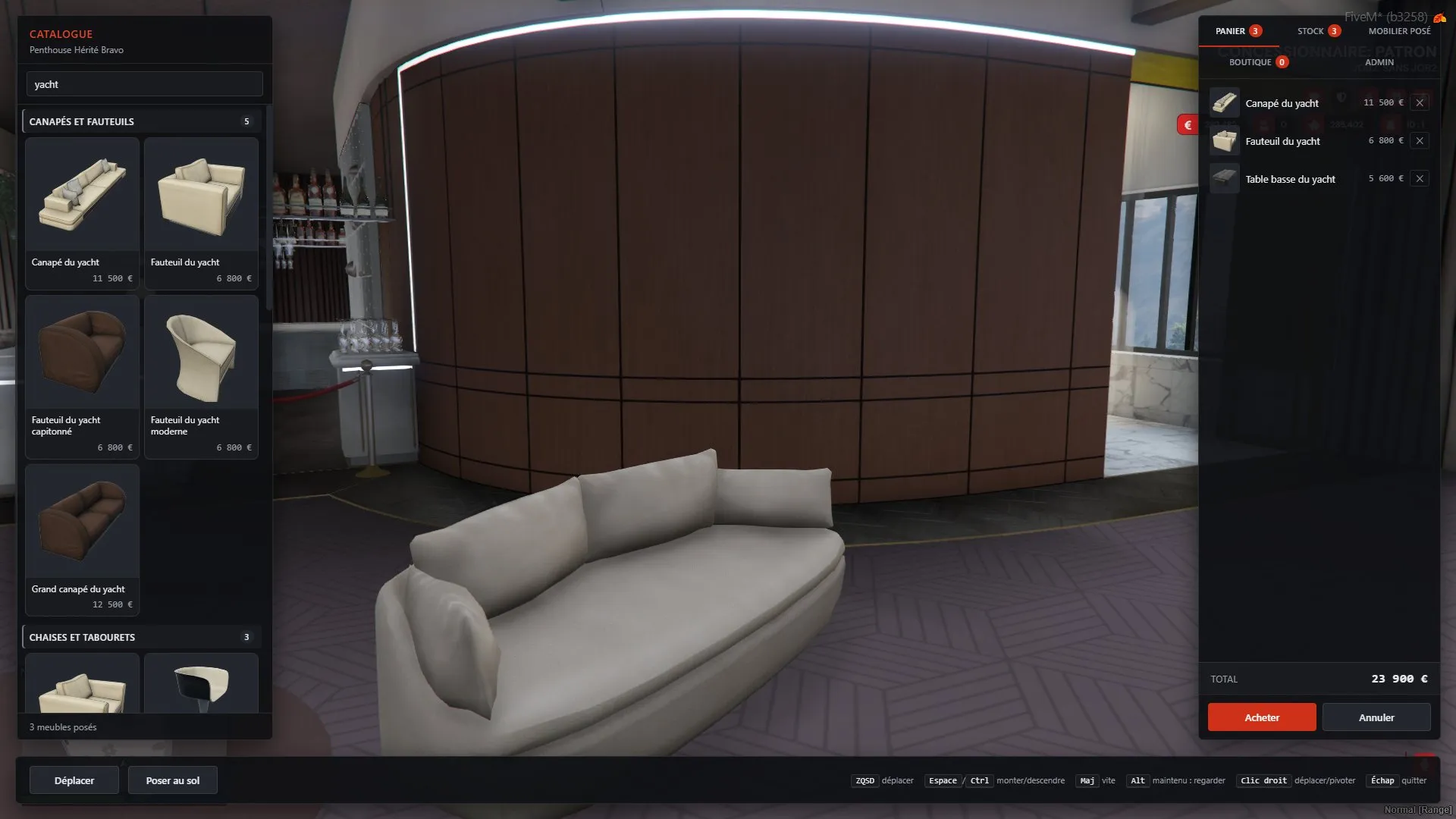 The furniture catalogue as a card grid of in-game pictures, with the cart on the right
