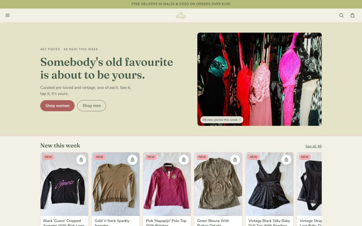 The Trendy Thrifting home page: the piece count, the headline, Shop women and Shop men buttons, a photo of the rail and the new-this-week row