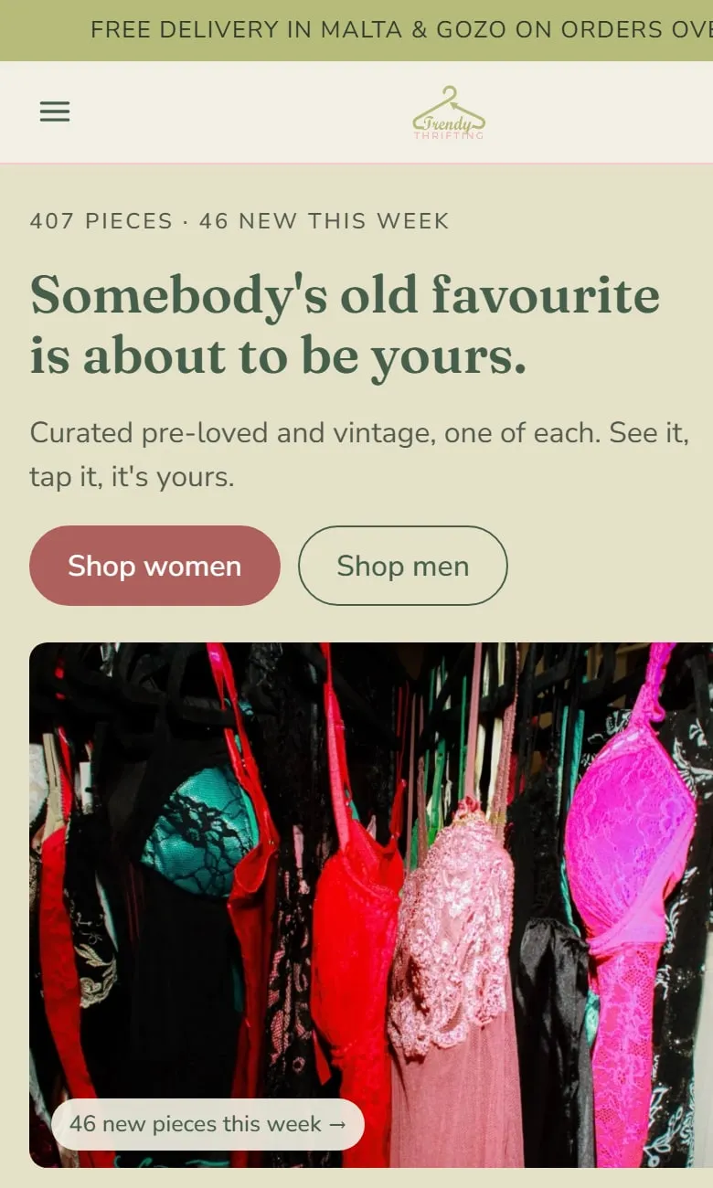 The same home page on a phone, with the headline, the two shop buttons and the rail photo stacked
