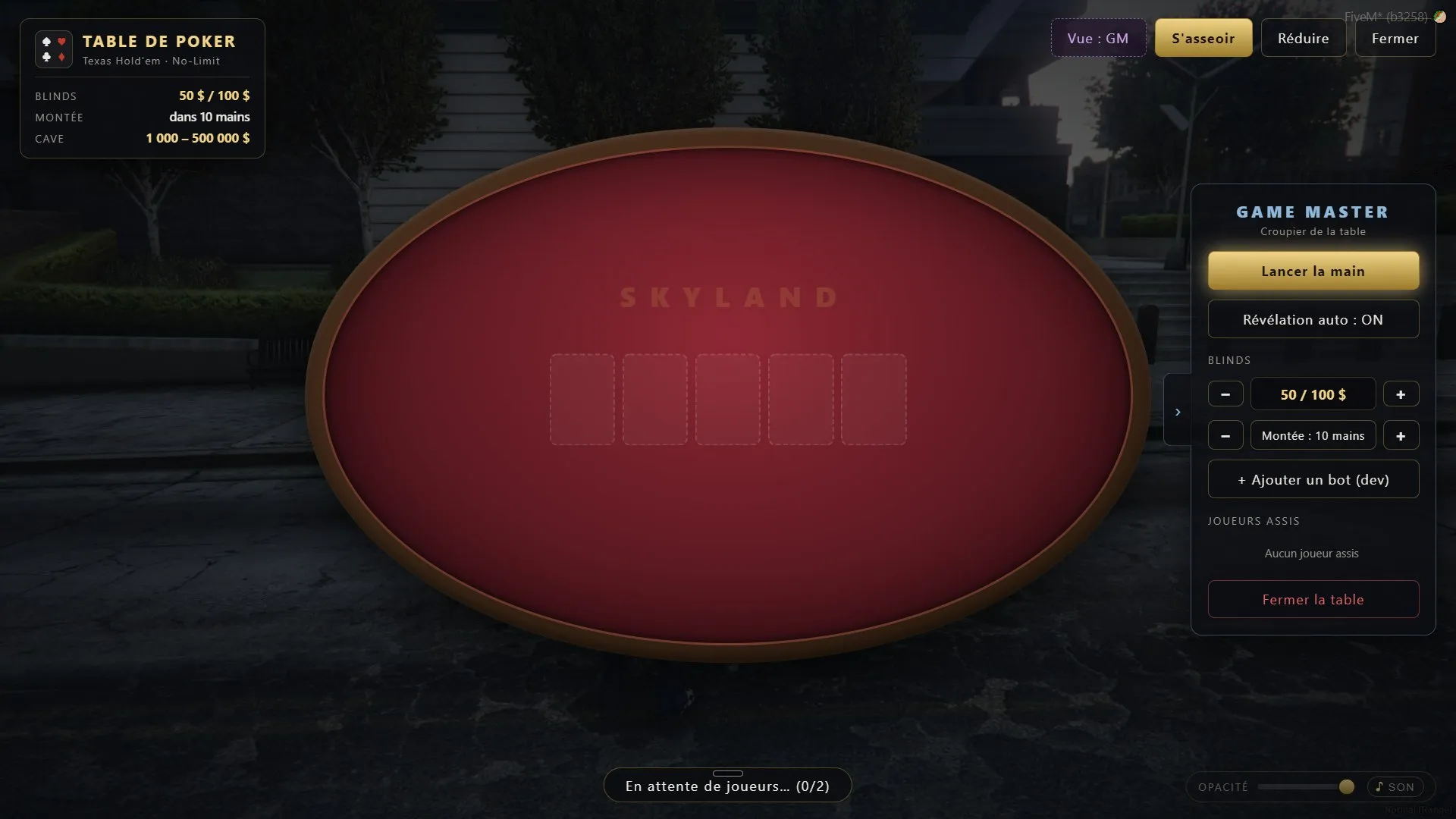 An empty red table marked Skyland with five blank card slots and a waiting-for-players notice, and the Game Master panel down the right side