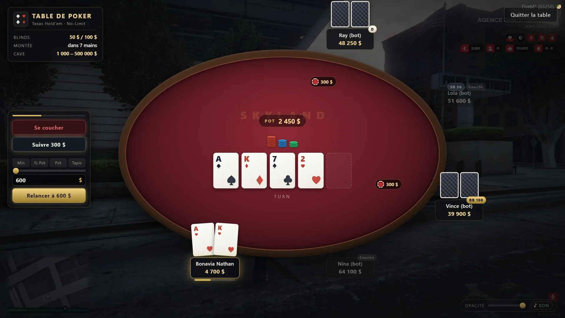 The poker table mid-hand with community cards, pot, seated players and action buttons