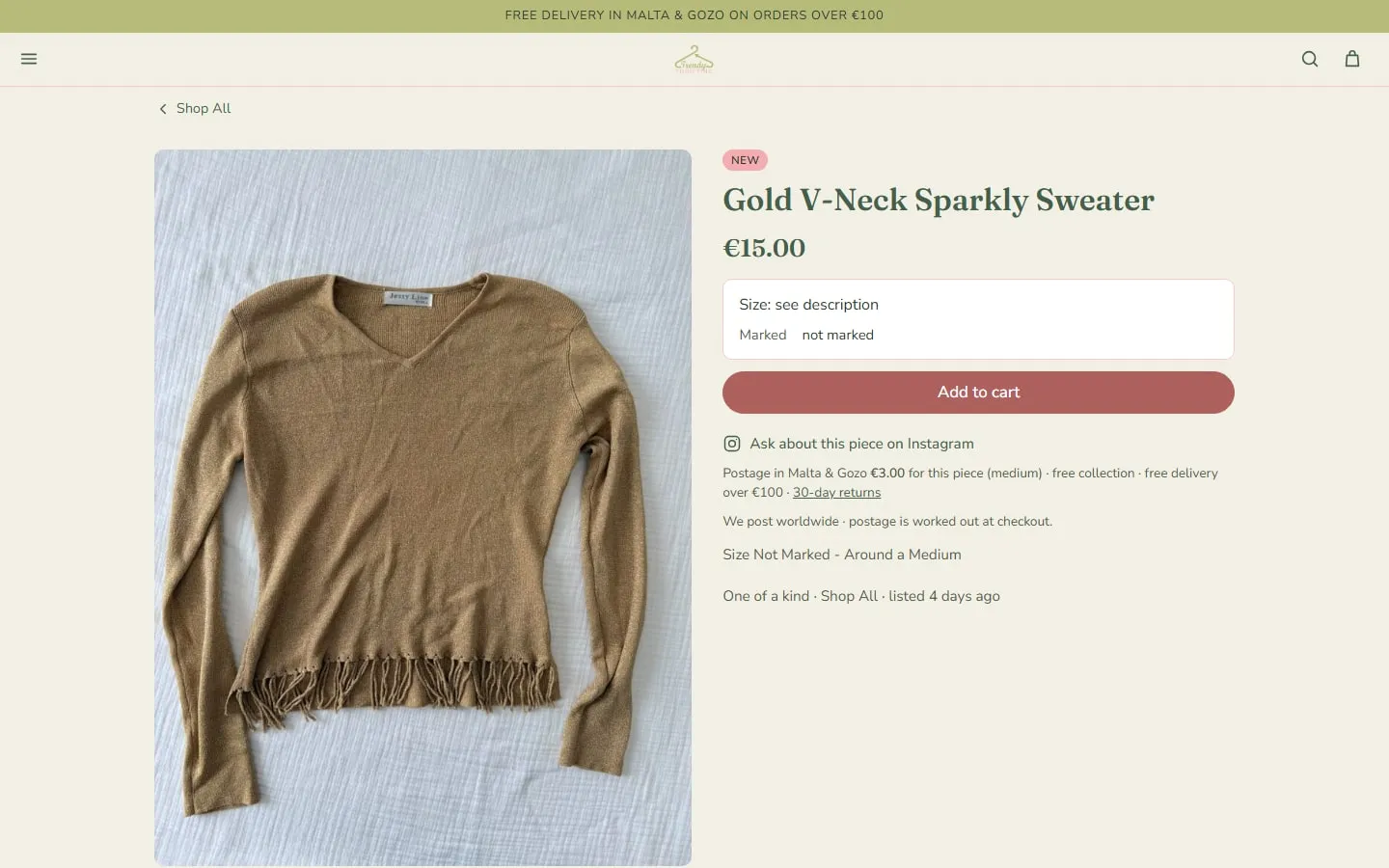 A piece's page: a photo of a gold sweater, the price, size and marked details, an Add to cart button and the postage for this piece