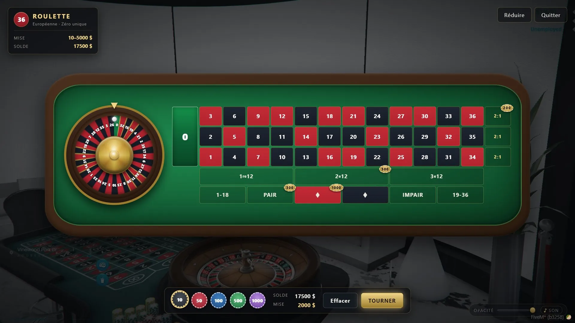 Outside bets on the roulette board: chips on red, the second dozen and a column