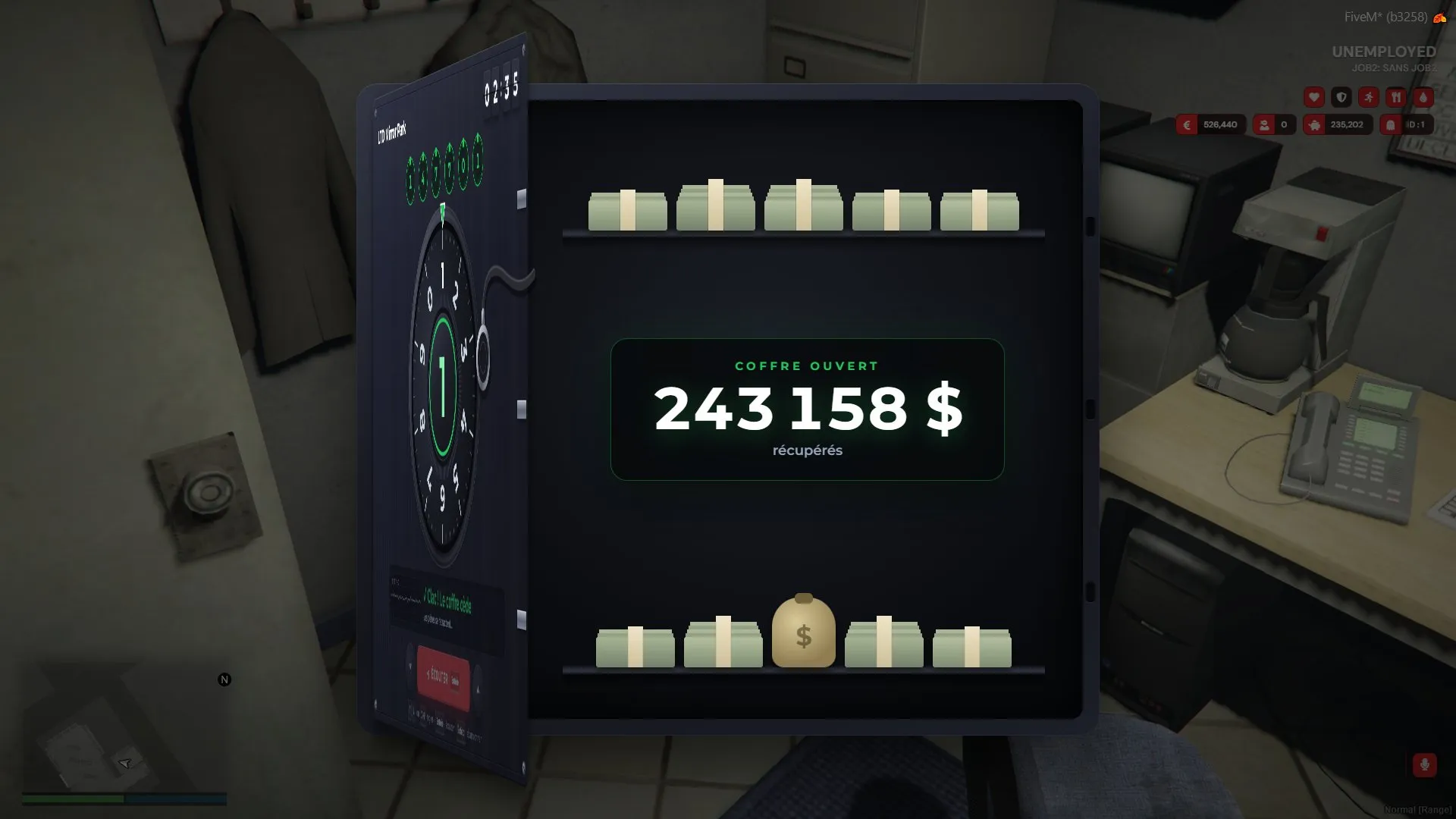 The safe door open after six clicks, with the amount taken shown