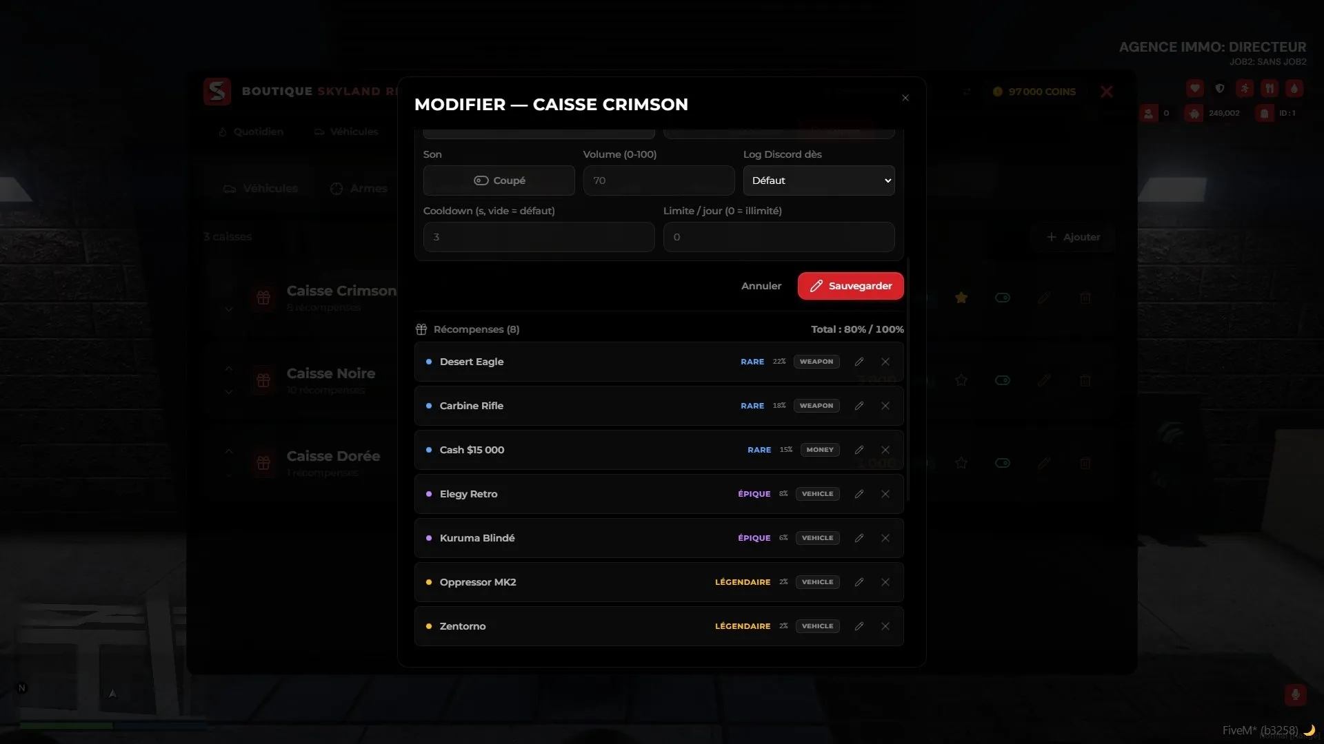The admin case builder with drop rates per rarity, spin settings and daily limits