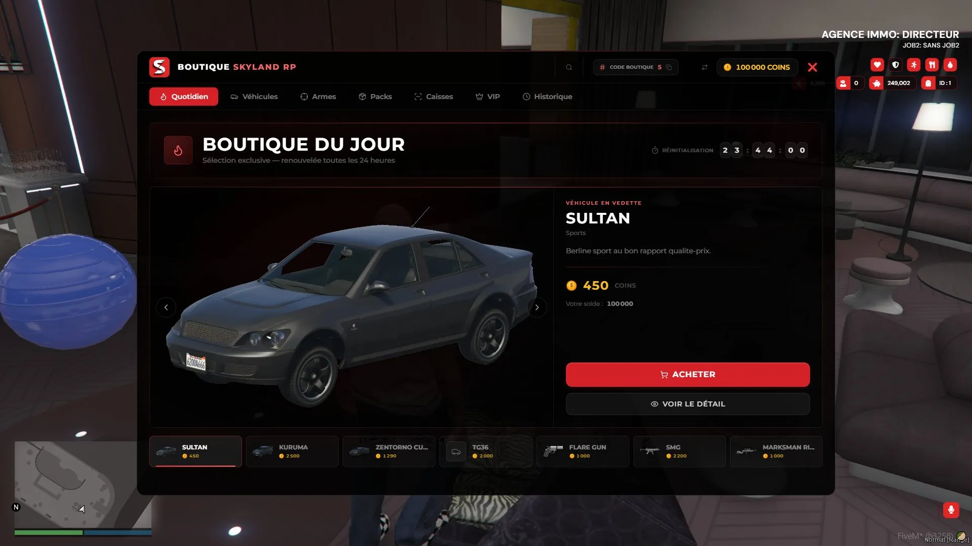 The shop's daily tab with a grey Sultan featured at 450 coins, a reset countdown in the corner and a row of cars and weapons priced in coins below