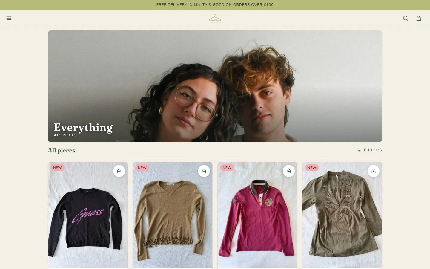 The shop page with the owner's photo as a banner, the piece count, a filters button and a grid of pieces marked New