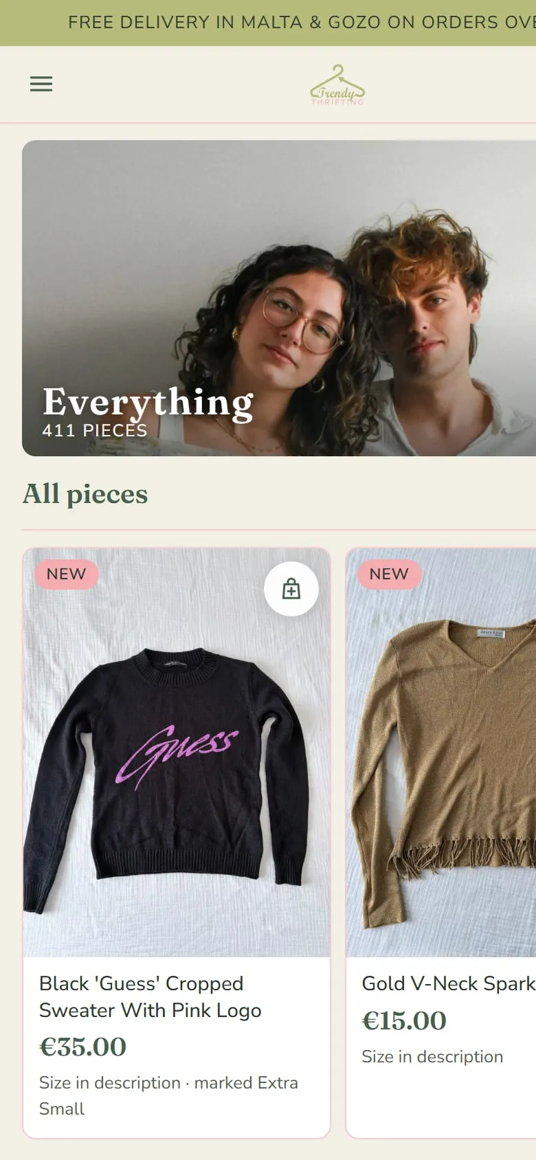 The shop on a phone: two pieces per row with their prices and marked sizes