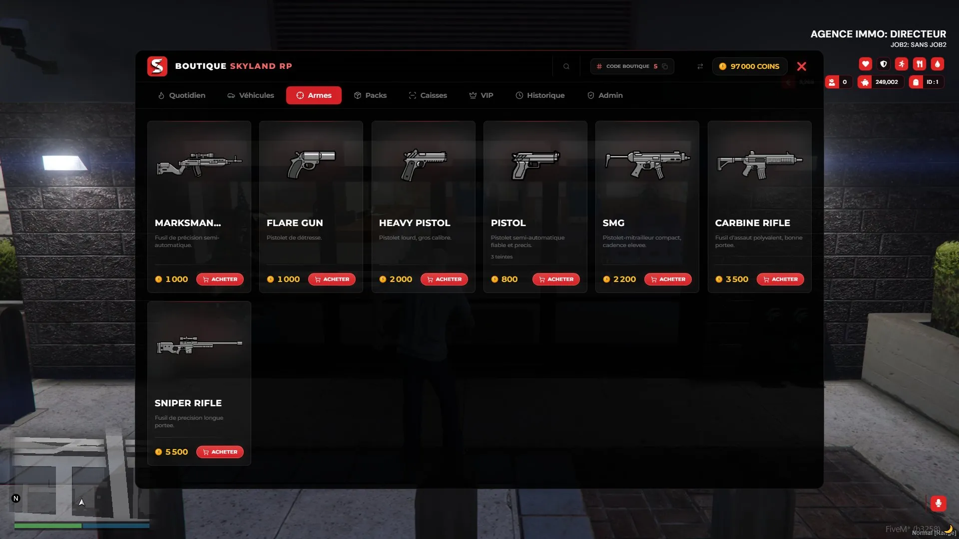 The weapons tab with a pistol and three buyable tints