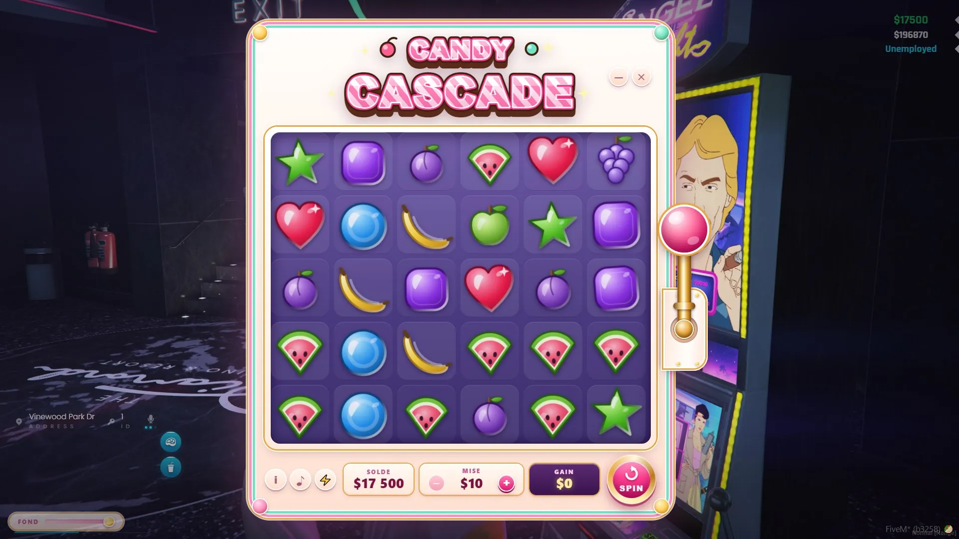 The Candy Cascade cabinet with a pull lever, bet presets and the casino floor behind the reels